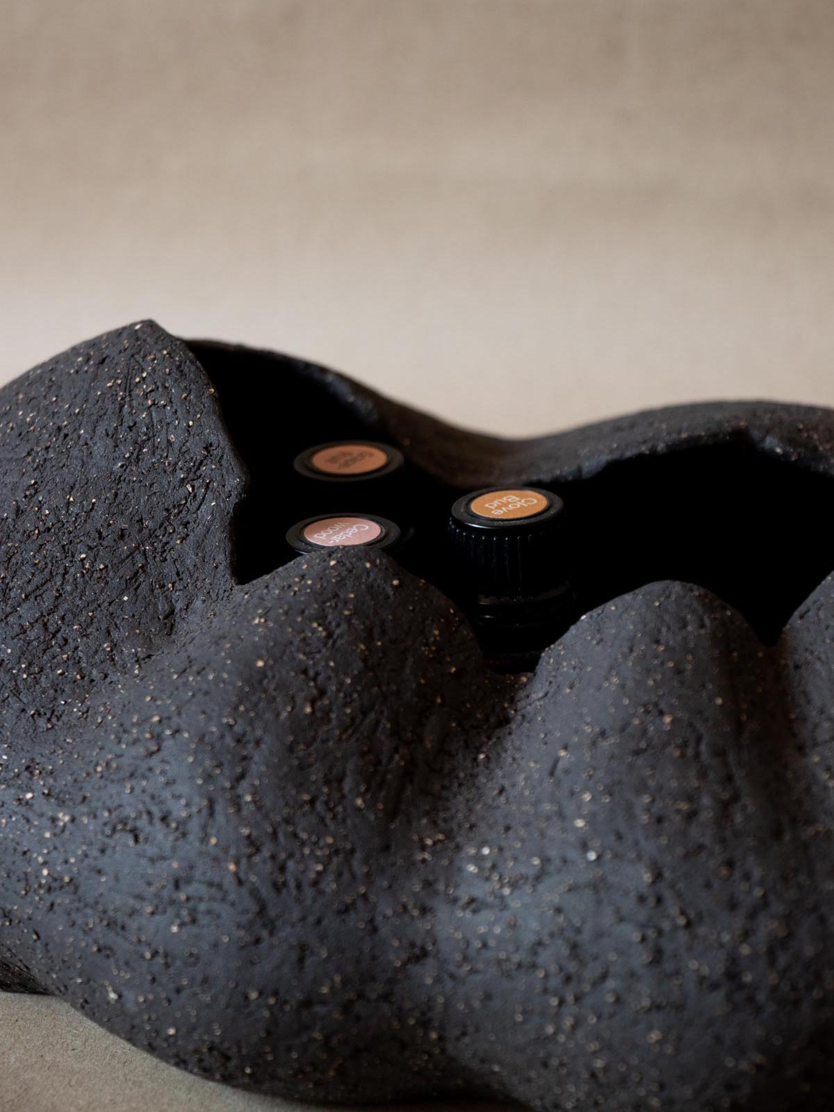 Contemporary black ceramic sculpture. Abstract. Black stoneware. Table and shelf decor. Functional art. essential oils holder. Doterra essential oils