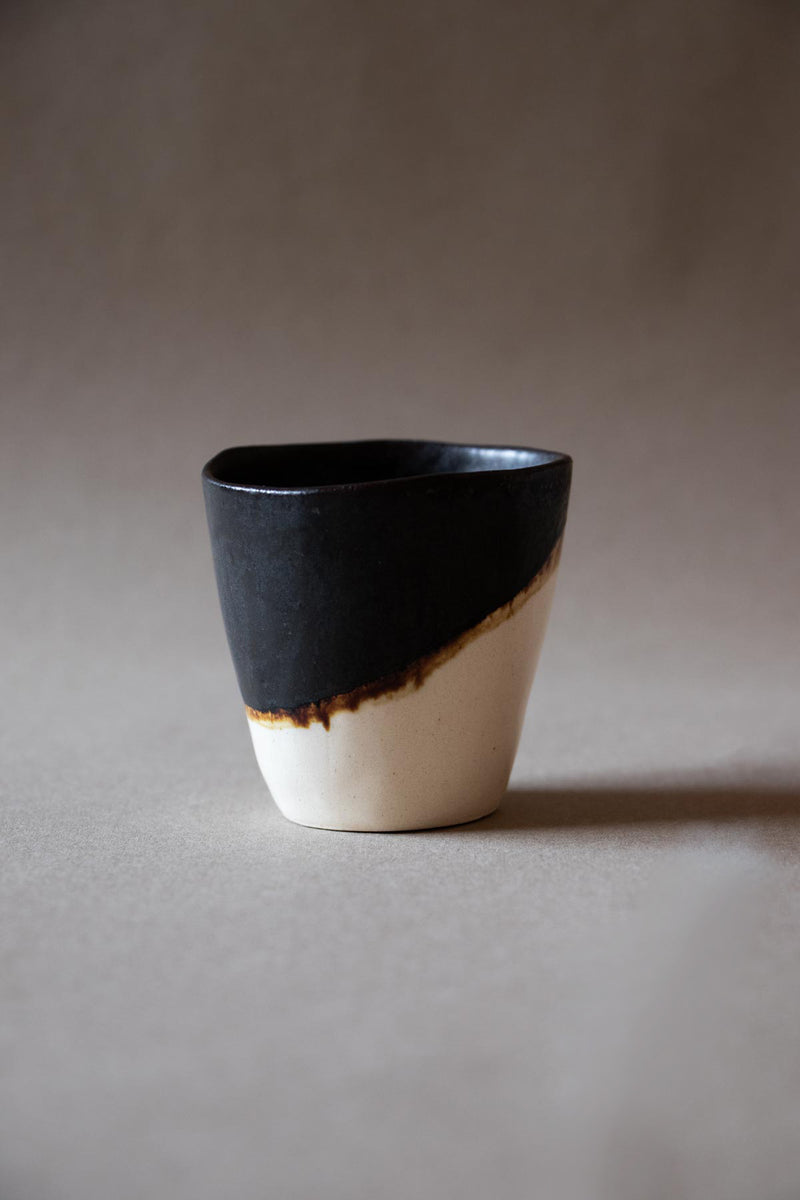 Espresso ceramic cup. Handmade ceramic cups. Black and white ceramic cups. Handmade ceramics by Claire Lune. Half moon ceramic cup.