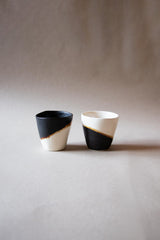 Set of two espresso ceramic cups. Handmade ceramic cups. Black and white ceramic cups set. Handmade ceramics by Claire Lune. Half moon ceramic cup.
