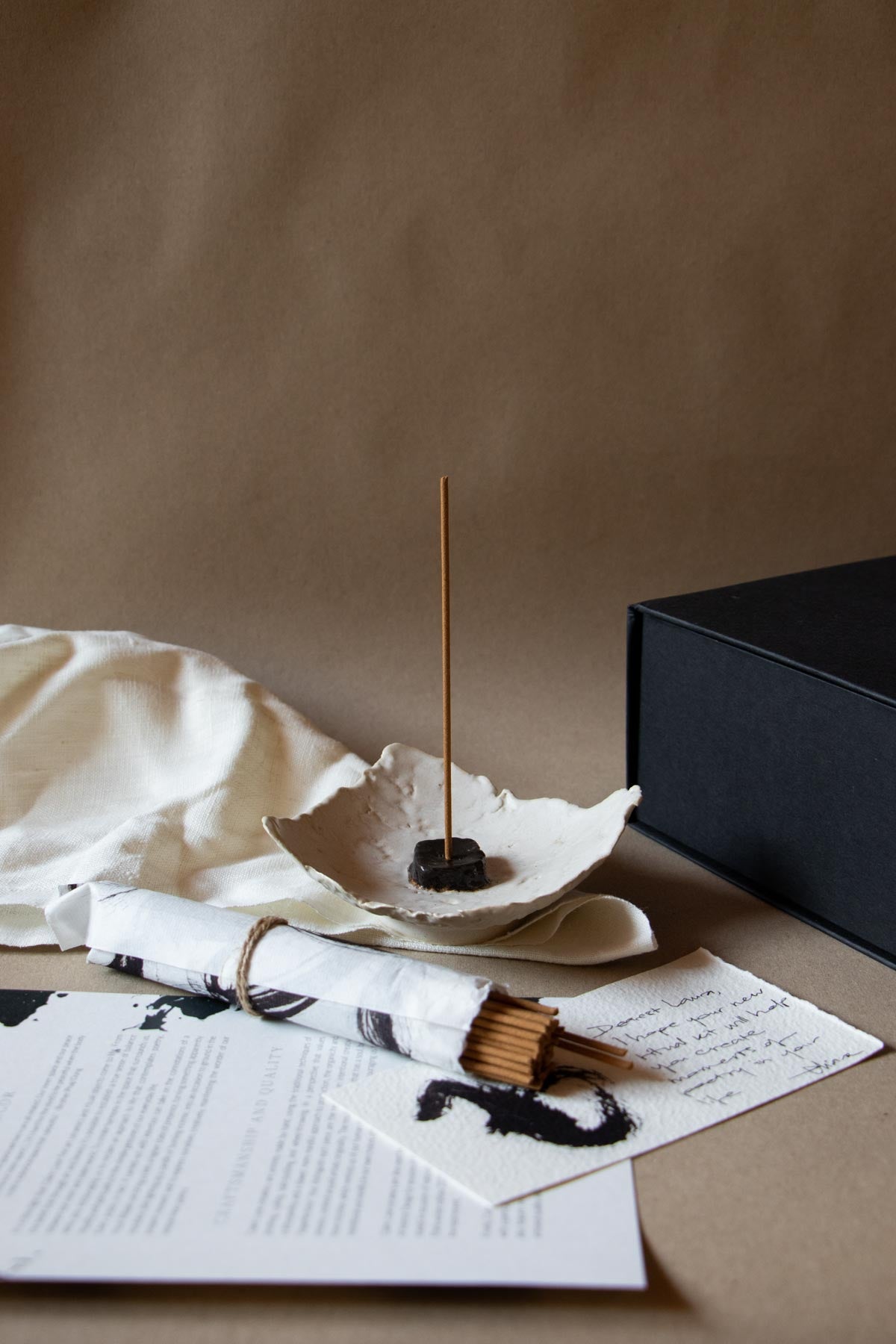 Ritual kit. Luxury ritual kit for incense burner. Luxury incense burner. White ceramic incense burner. Handmade incense burner by Claire Lune.