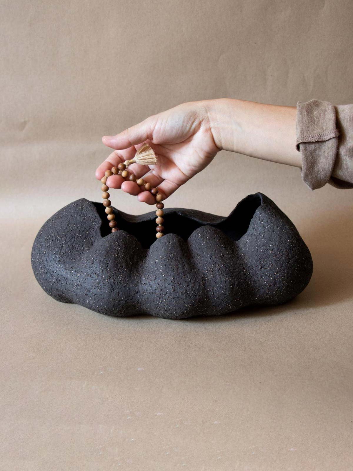 Contemporary black ceramic sculpture. Abstract. Black stoneware. Table and shelf decor. Functional art. Home rituals accessory. Mala holder.