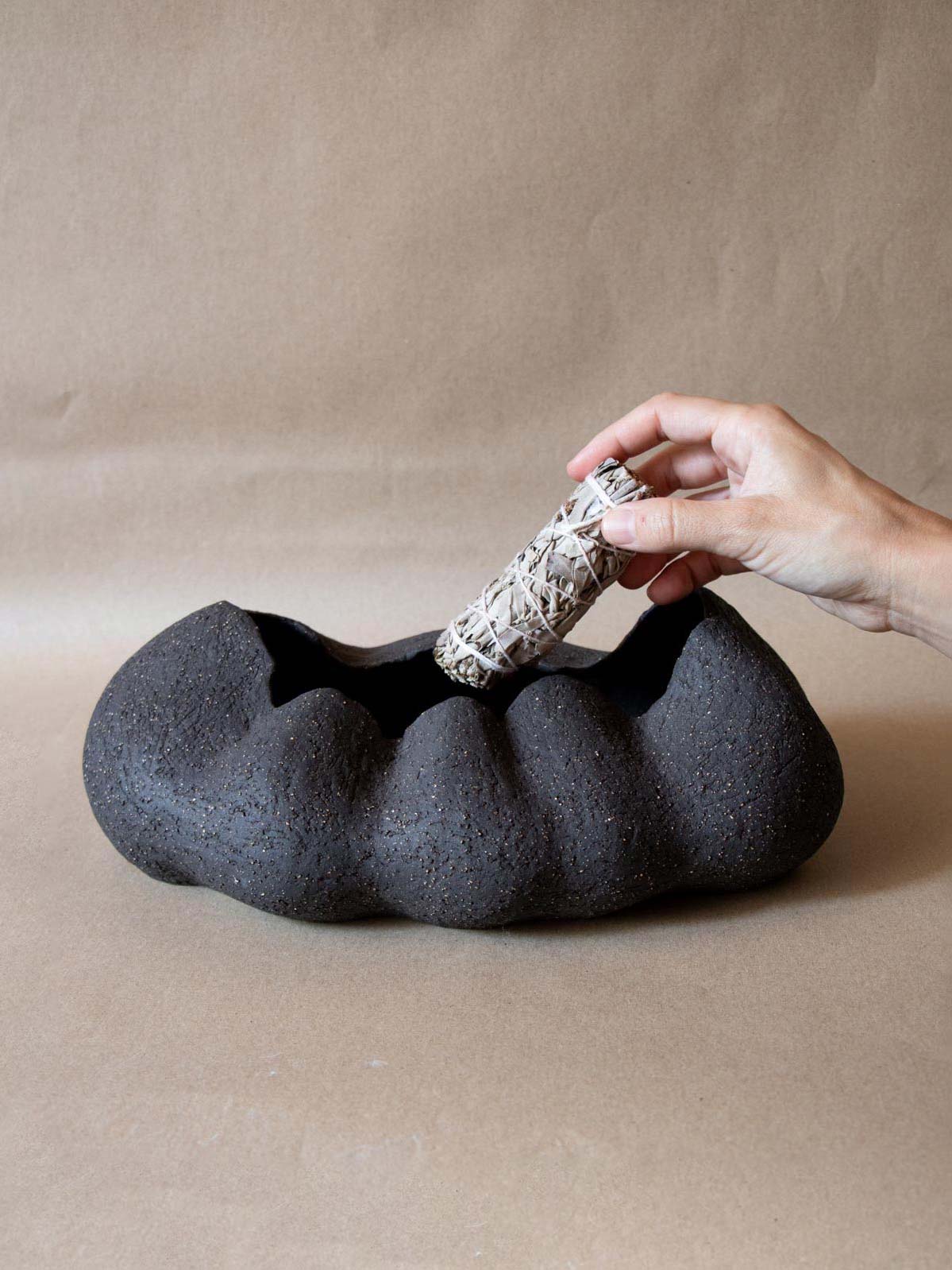 Contemporary black ceramic sculpture. Abstract. Black stoneware. Table and shelf decor. Functional art for home rituals. Smudge stick holder. Claire Lune.