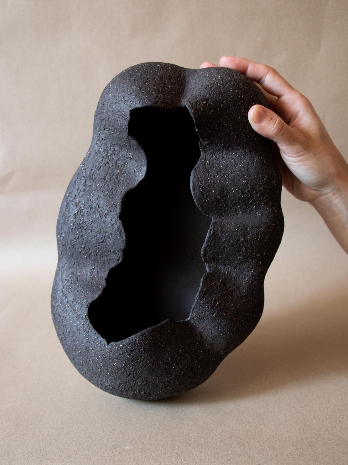 Contemporary black ceramic sculpture. Abstract. Black stoneware. Table and shelf decor.