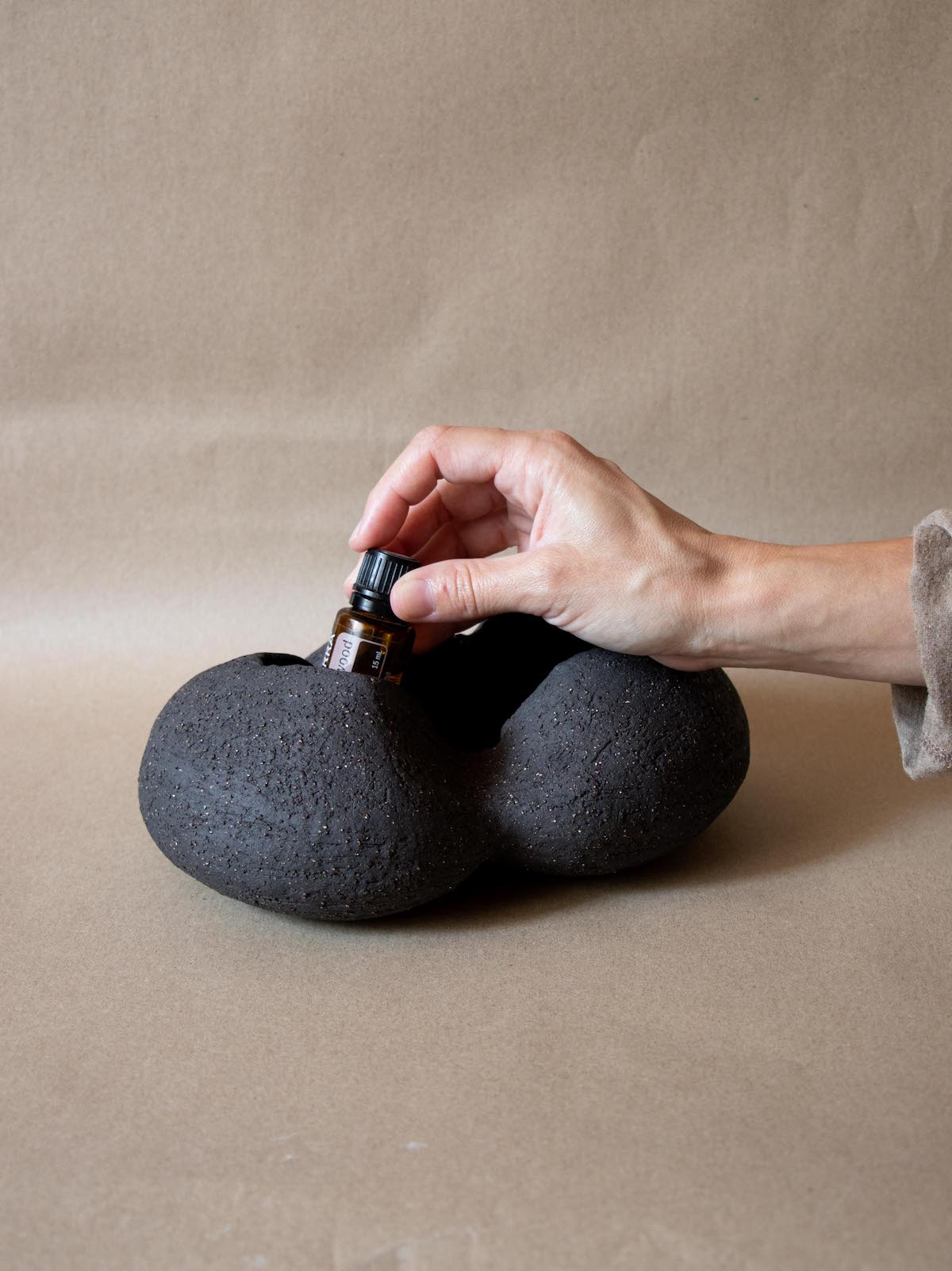 Contemporary black ceramic sculpture. Abstract shape. Table and shelf decor. Functional art. Essential oil holder. Ritual accessory.