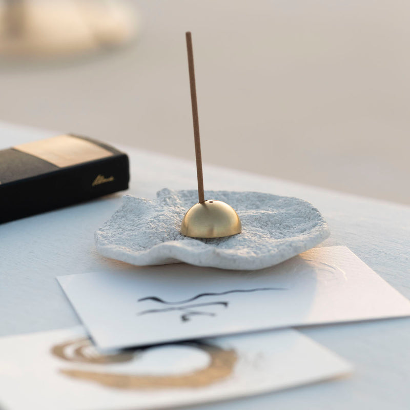 luxury incense burner. White incense burner with brass incense holder. Luxury ritual kits for retreats and unique gifts.